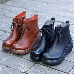 Cozy Platform Leather Solid Lace Up Women Boots