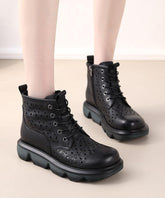 Black Cross Strap Cowhide Leather Boots Hollow Out Boots