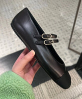 Black Cowhide Leather Flat Feet Shoes Splicing Buckle Strap