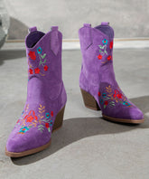 Elegant Purple Pointed Embossed Boots Suede Chunky Ankle Boots