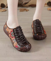 Brown Embossed Cross Strap Splicing Cowhide Leather Flat Shoes