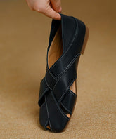 Black Cowhide Leather Hollow Out Splicing Water Sandals