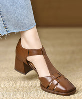 Brown Hollow Out Chunky Cowhide Leather Chic Splicing Sandals
