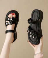 Boho Bow Zircon Splicing Platform Black Faux Leather Slide Sandals