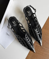 Chic Black High Heel Cowhide Leather Hollow Out Splicing Sandals