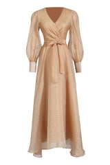 Solid Spliced Lace Up Lantern Sleeve Maxi Dress