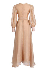 Solid Spliced Lace Up Lantern Sleeve Maxi Dress