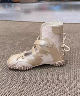 Fashion Bow Lace Up Splicing Flats Shoes Nude Faux Leather