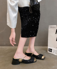 Boutique Black Sequins Splicing Chunky Heel Slide Sandals