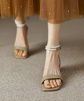 Classy Beads Splicing Chunky Sandals Apricot Cowhide Leather Peep Toe