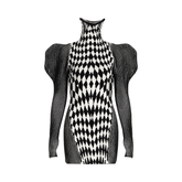 Diamond Plaid Puff Sleeves Dress