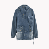 Drawstring and Pockets Hooded Denim Jacket