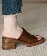 French Brown Splicing Chunky Heel Rivet Slide Sandals Peep Toe