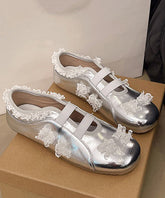 Fashion Lace Splicing Flat Shoes Silver Faux Leather