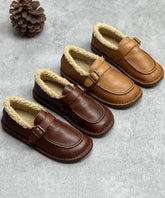 Coffee Flat Shoes For Women Cowhide Leather Casual Fuzzy Wool Lined Flat Shoes For Women