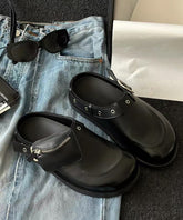 Fashion Splicing Platform Black Cowhide Leather Slide Sandals