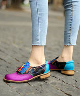Colorblock Women Splicing Chunky Flat Shoes Cowhide Leather