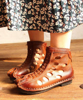 Casual Hollow Out Boots Brown Cowhide Leather