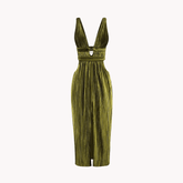 Green Pleated Deep V Dress