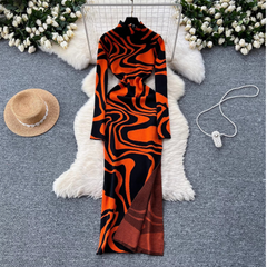 Printed Slim Fit Slit Knitted Dress