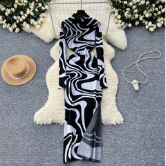 Printed Slim Fit Slit Knitted Dress