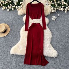 Slim Fit Square Neck Knitted Top + Hip Hugging Slit Skirt