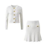 Round Neck Metal Buckle Slim Fit Knitted Top + Mini Skirt