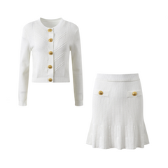 Round Neck Metal Buckle Slim Fit Knitted Top + Mini Skirt