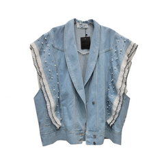 Denim Ruffled Edge Patchwork Pearl Loose Vest