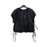 Solid V-Neck Drawstring Pleated Top