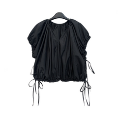 Solid V-Neck Drawstring Pleated Top