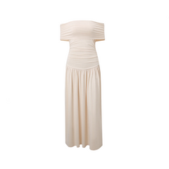 Off Shoulder Slim Fit Pleated Maxi Dress