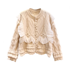 Ruffled Lace Long Sleeve Loose Knitted Cardigan