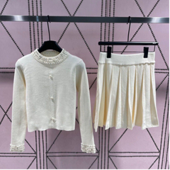 Nail Bead Knitted Cardigan + High Waisted Pleated Skirt Set