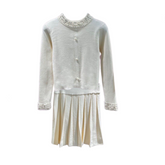 Nail Bead Knitted Cardigan + High Waisted Pleated Skirt Set