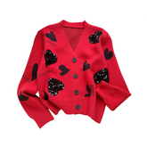 Sequined Love Jacquard V-Neck Loose Knit Cardigan