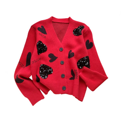 Sequined Love Jacquard V-Neck Loose Knit Cardigan