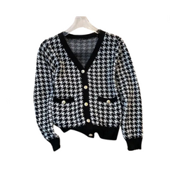 Houndstooth Vintage V-Neck Long Sleeve Cardigan