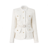 White Woolen Patchwork Belted Jacket