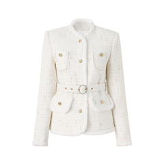 White Woolen Patchwork Belted Jacket