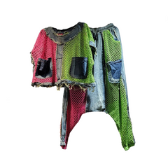 Patchwork Contrast Color Burrs Denim Pockets Top + Elastic Waist Pants