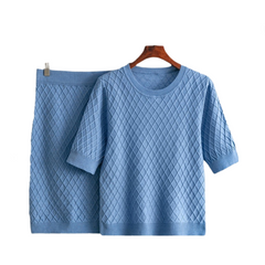 Solid Round Neck Knitted Top + Knitted Skirt Set