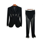 Mesh Splicing Slim Fit Blazer + Mesh Splicing Flare Pants