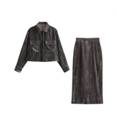 Retro Velvet Collar Button Shirt + Side Zip Straight Skirt