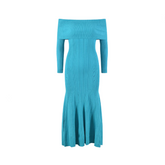 Off Shoulder Pleated Medium Strech Long Sleeve Knitted Dress