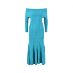 Off Shoulder Pleated Medium Strech Long Sleeve Knitted Dress