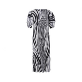Puff Sleeve Animal Print Round Neck Pleated Dress