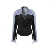 Denim Drawstring Pleated V-Neck Long Sleeve Shirt