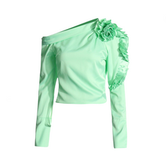 Diagonal Shoulder 3D Flower Splicing Shirt