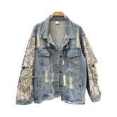 Sequined Loose Distressed Denim Jacket